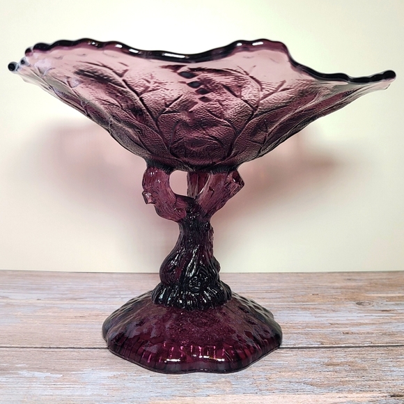 Portieux Vallerysthal Amethyst Glass Botanical Tree Trunk Pedestal Compote VTG - Picture 2 of 16